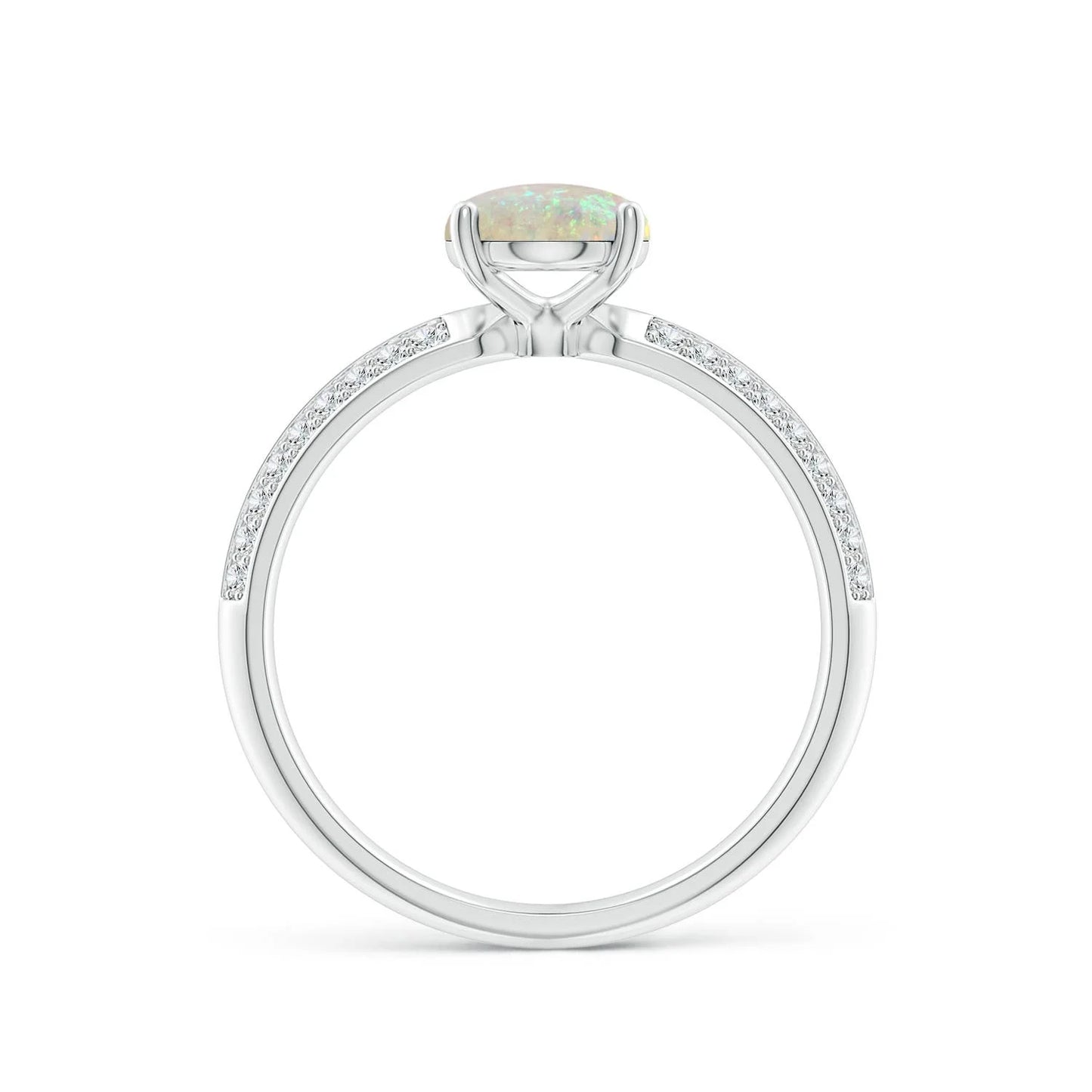 14K Pure Gold Classic Oval Cut Natural Ethiopian Opal Knife Edge Ring Pave Setting Round Cut Accent Diamond Dual Side Band Ring