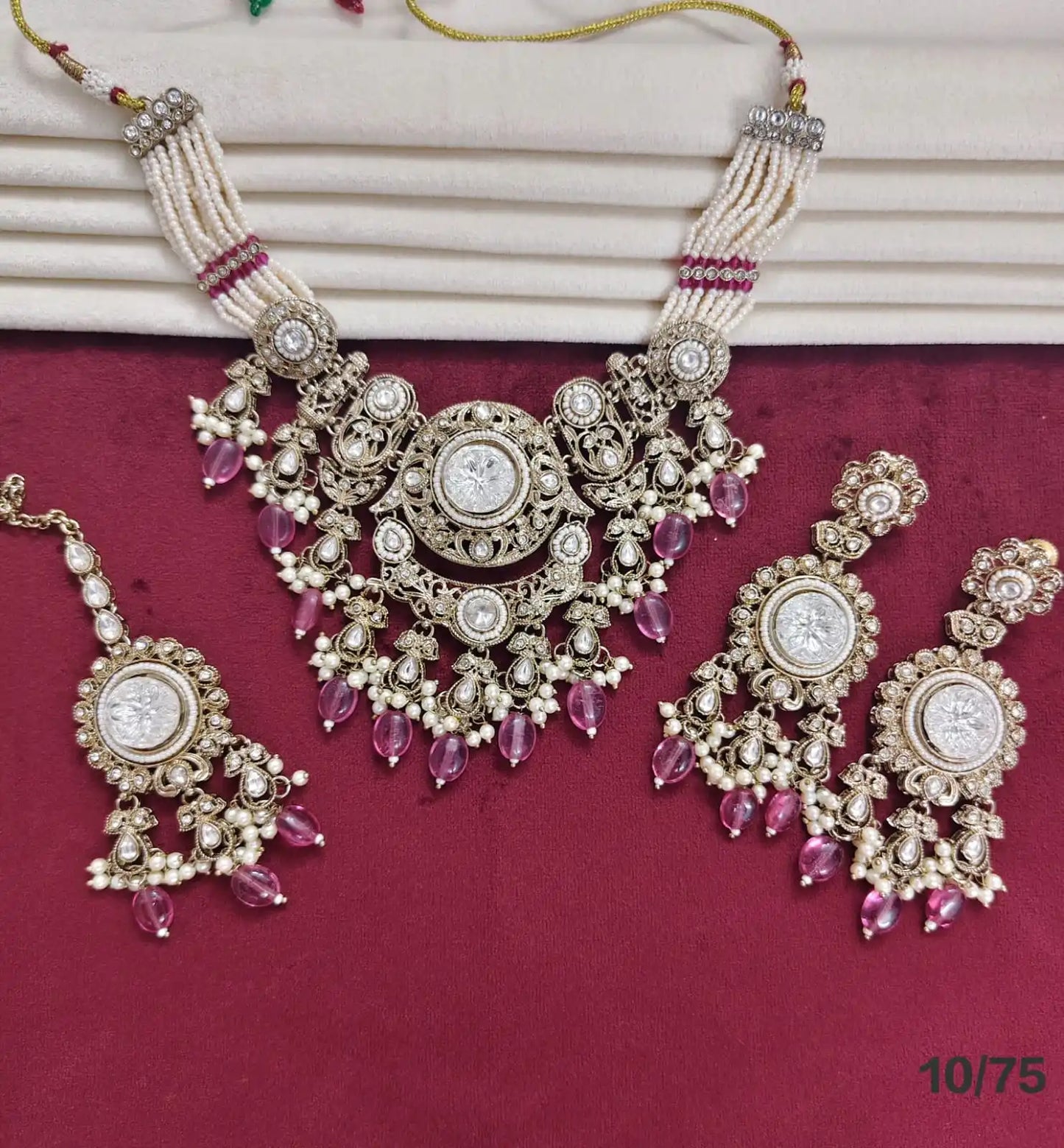 Luxury Oxidised Pearl Beaded Necklace Set with Aqua Blue Stones Designer Bridal Party Wear Jewelry Set with Earrings  for women