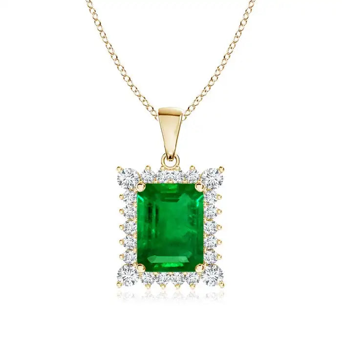 14K Solid Gold Vintage Style Emerald-Cut Natural Green Emerald Gemstone With Halo Diamond Pendant Link Chain Necklace Wholesale