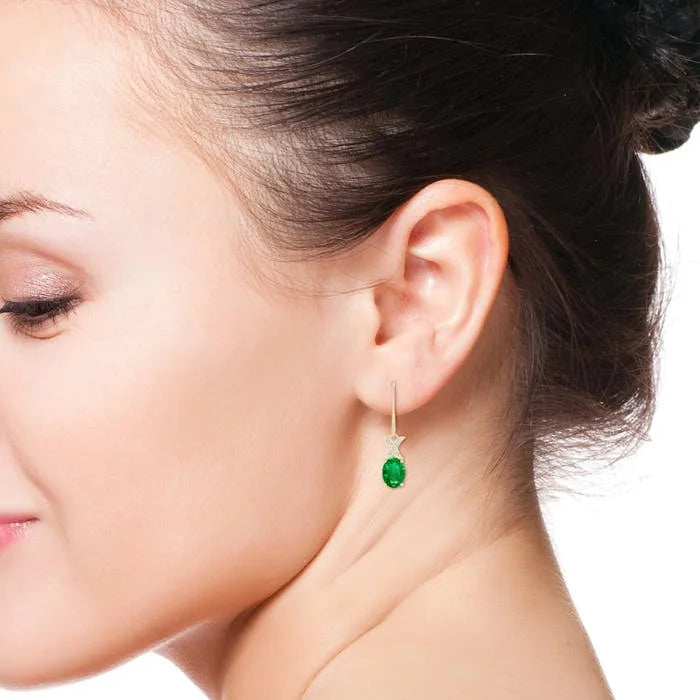 14Kt Yellow Gold Oval Emerald Drop Earrings Diamond Infinity Leverback Dangle Fine Jewelry for Women Gift for Fiance