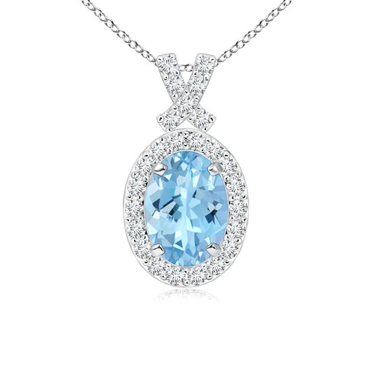 14K 3.35G Gold 6*4MM Oval Natural Aquamarine Bowknot Design Pendant With Diamond Halo Classic Fine Jewelry Anniversary Gift OEM