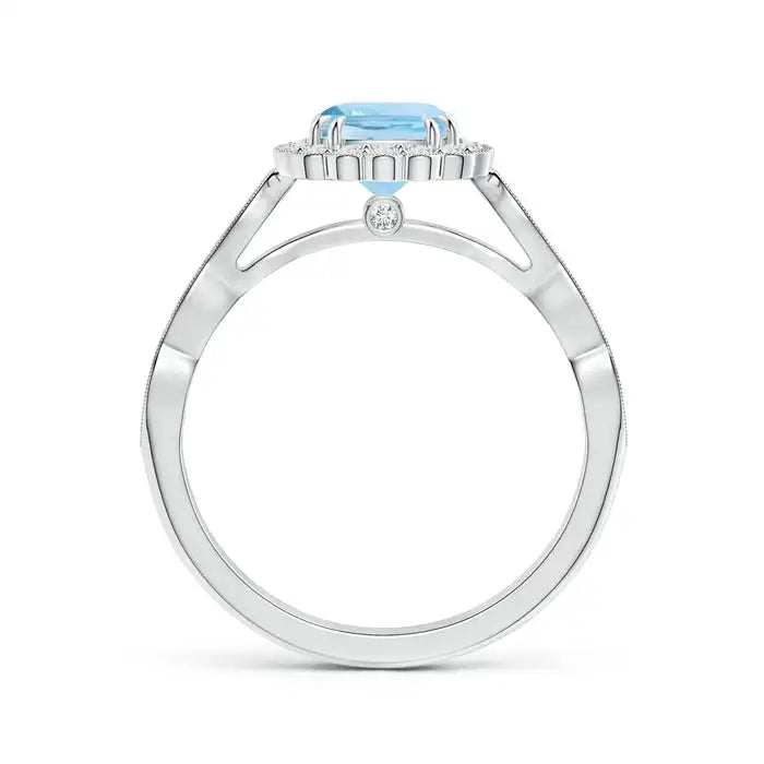 14K Solid Gold Cushion Aquamarine Ring with Floral Halo Handmade Customized Fine Jewelry Wedding Engagement