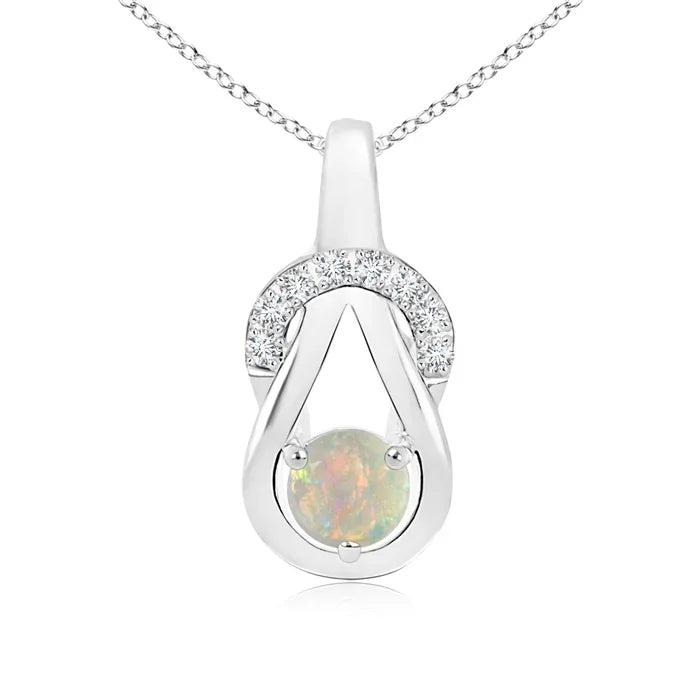 14K Gold IGI Certified Round Opal Gemstone Infinity Knot Pendant With Diamonds Handmade Fine Jewelry Beautiful Pendant Necklace
