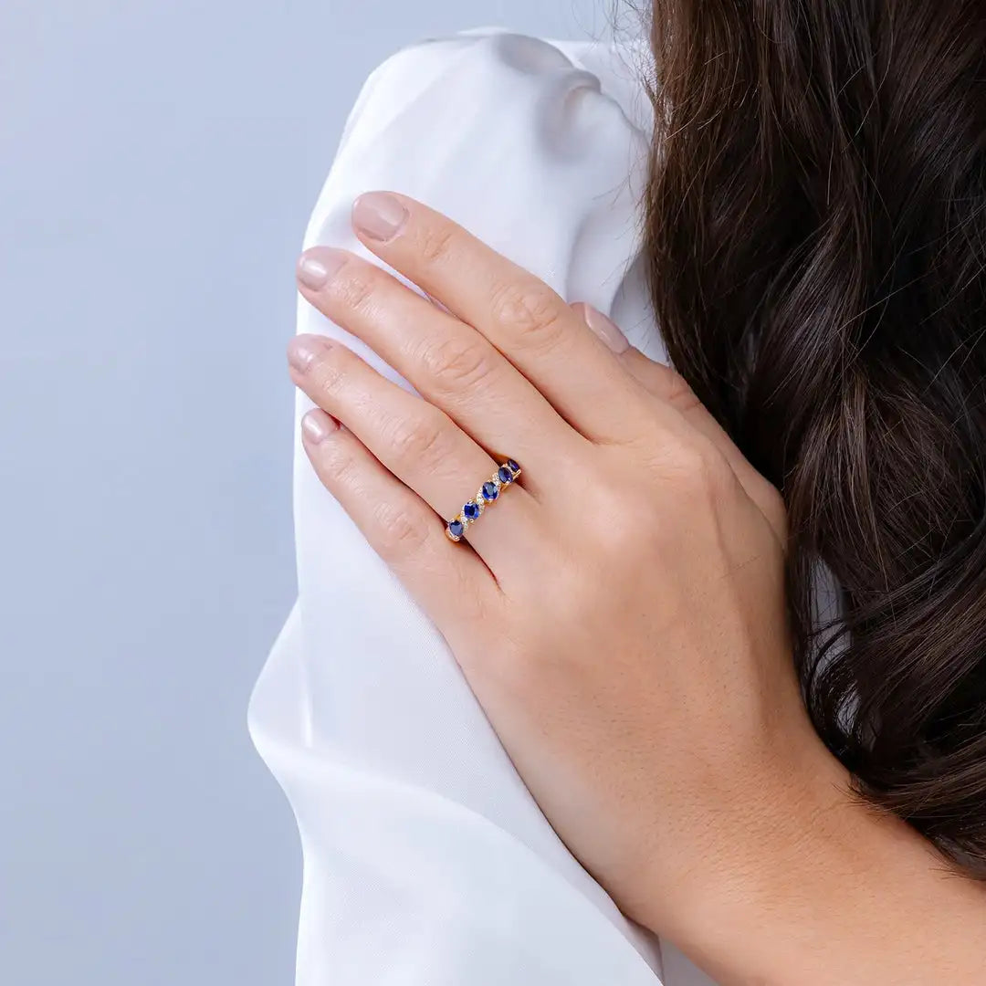 14K Solid Gold 4*3MM Oval Cut Natural Blue Sapphire Five Stone Swirl Ring with Diamonds Fine Jewelry Half Eternity Wedding Ring