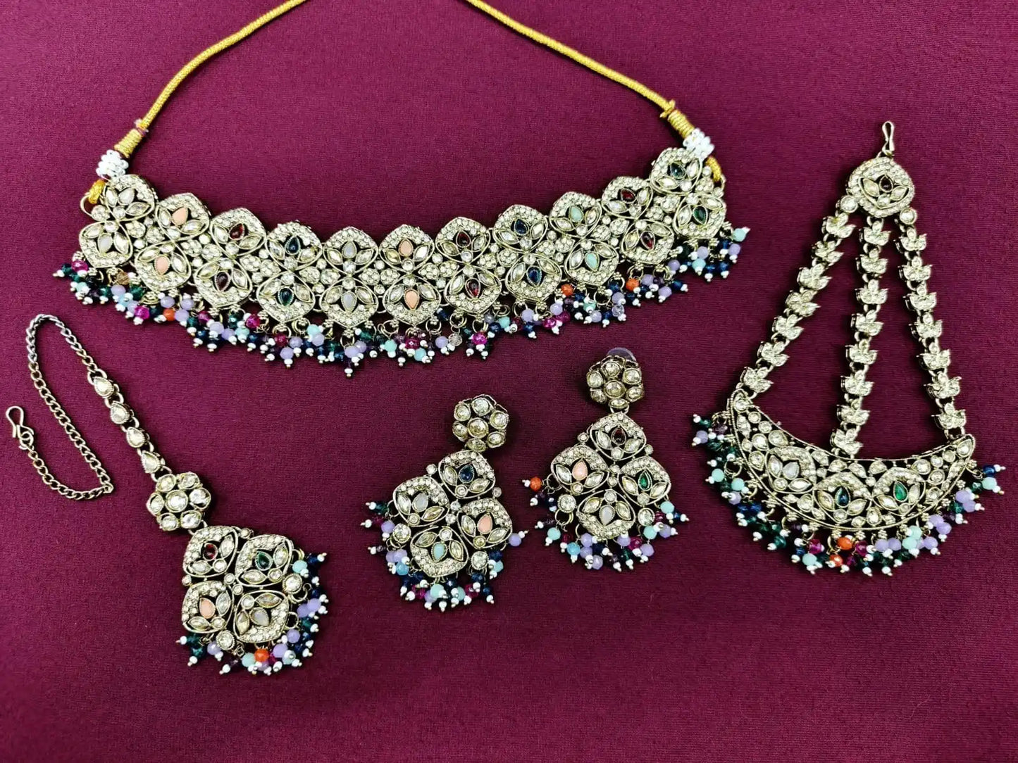 Wholesale Indian Bridal Gold Plated Kundan Necklace Set Luxury Shadow Choker Costume Jewelry Set Heavy Wedding Wear Bollywood
