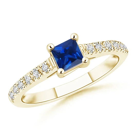 14K Solid Gold Solitaire Square Sapphire Ring with Diamond Accents Handmade Customized Fine Jewelry Wedding Engagement Ring