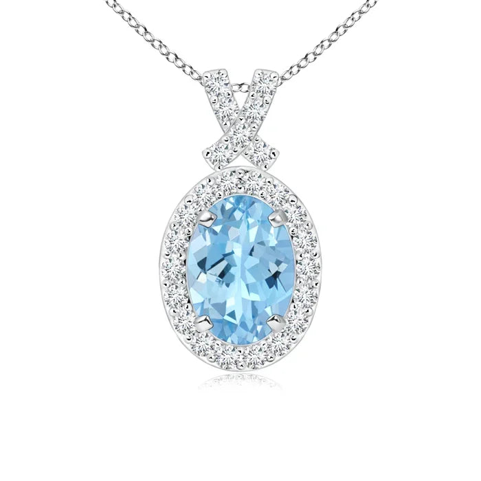 14K 3.35G Gold 6*4MM Oval Natural Aquamarine Bowknot Design Pendant With Diamond Halo Classic Fine Jewelry Anniversary Gift OEM