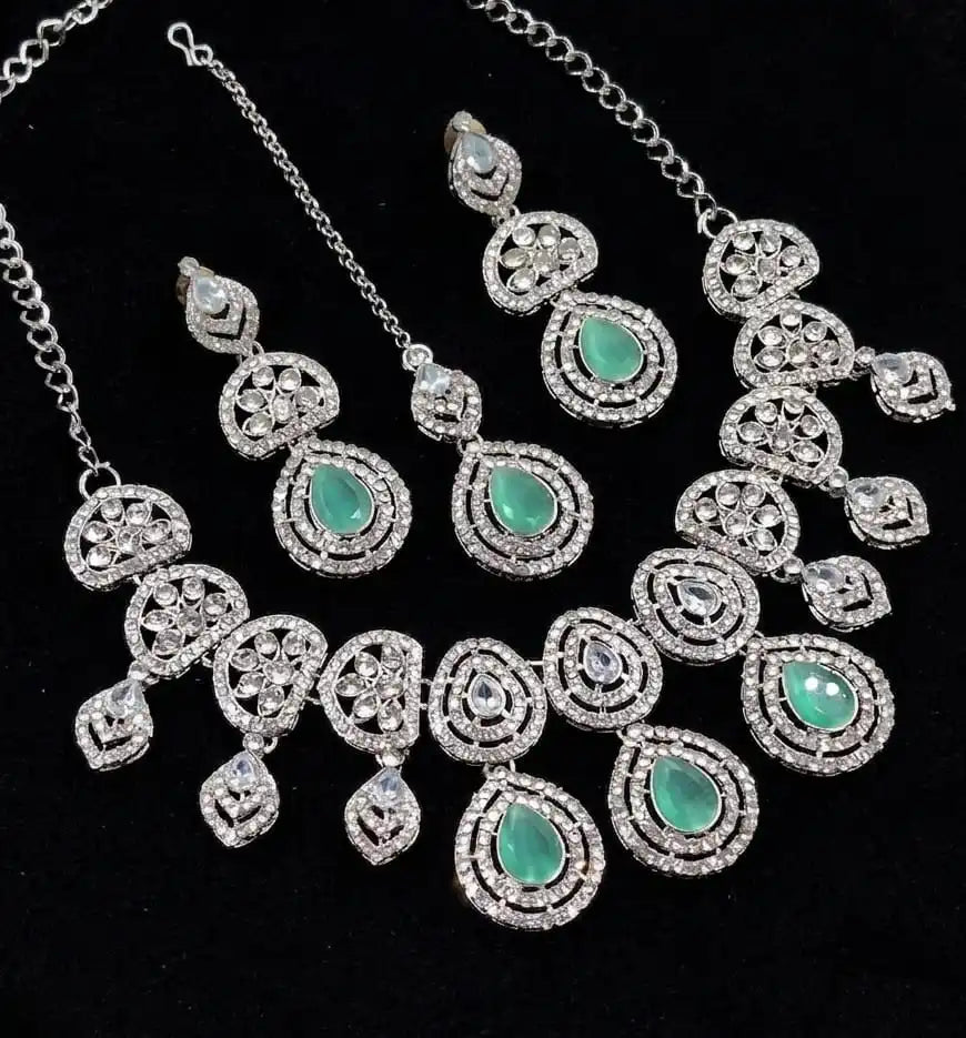 Luxury Blue Cubic Zirconia Bridal Jewelry Set Silver Plated Necklace Earrings Maang Tikka Wedding Wear Women Luxury set forgirl