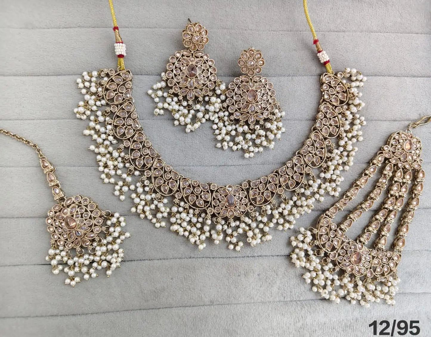 Luxury Gold Plated Black Kundan Bridal Necklace Set with Zircon Crystal Beads Earrings Maang Tikka & Hathphool Wedding Jewelry