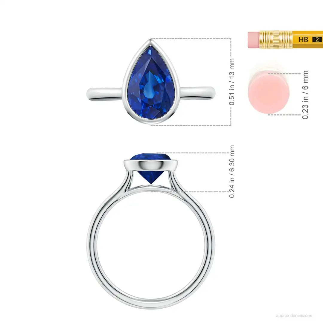 Bezel-Set Pear Blue Sapphire Solitaire Engagement Ring Handmade Customized Fine Jewelry Wedding 14K Solid Gold