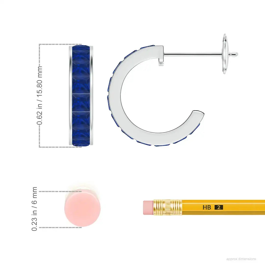 Blue Sapphire Hoop Earrings 14kt Yellow Gold Channel Set Princess Cut Sapphire Fine Jewelry for Women