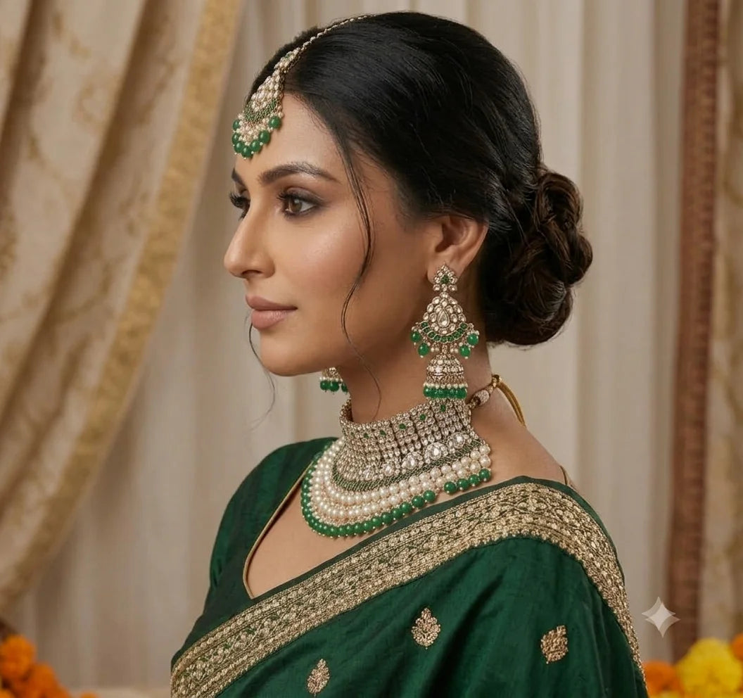 Luxury Emerald Green Pearl AD Bridal Choker Necklace Set Gold Plated Wedding Jewelry with Earrings Maang Tikka for Women Set