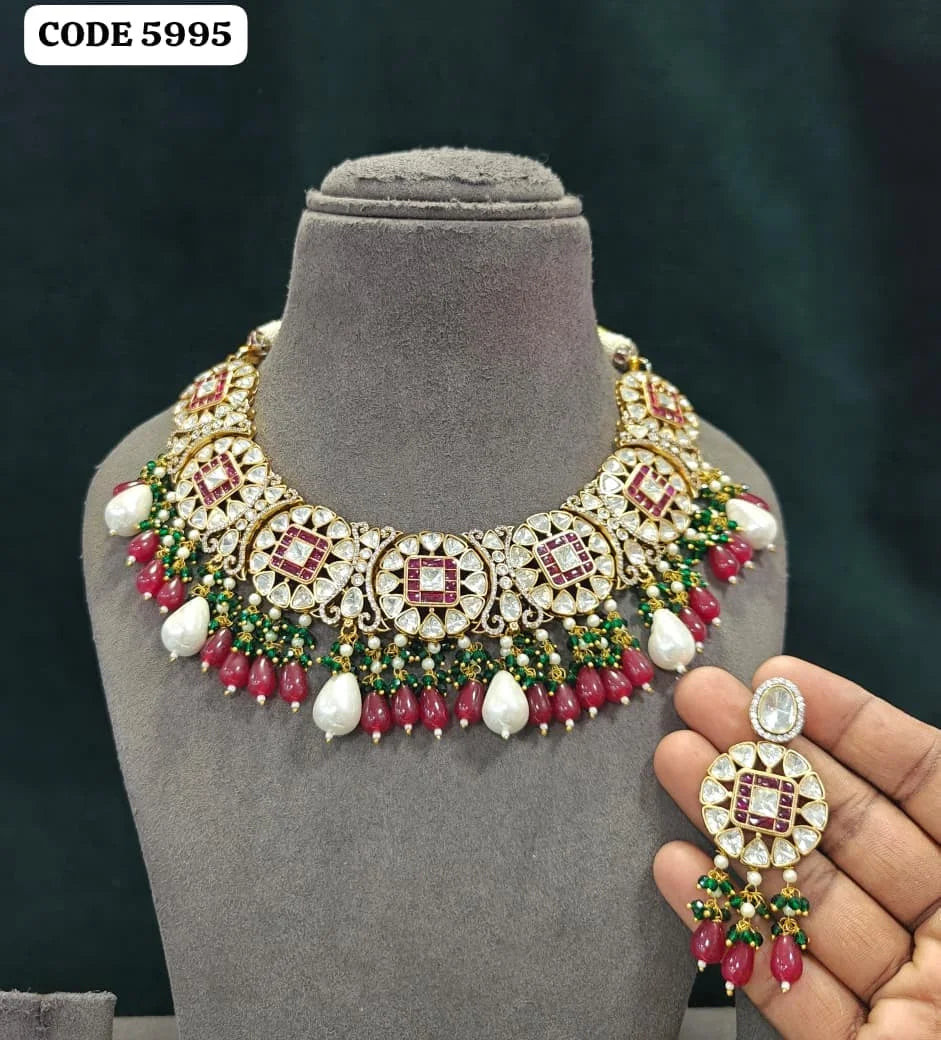 Luxury Ruby Pearl Bridal Choker Necklace Set Gold Plated Wedding Party Traditional Jewelry with Matching Earrings Set For Women