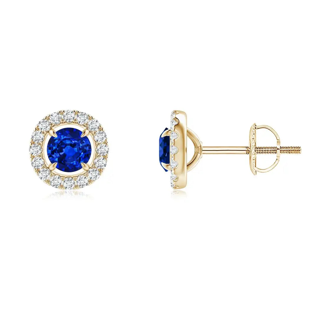 Blue Sapphire Stud Earrings Halo Diamonds 14kt White Gold with Minimalist Prong Setting Wedding Jewelry Gift for Women