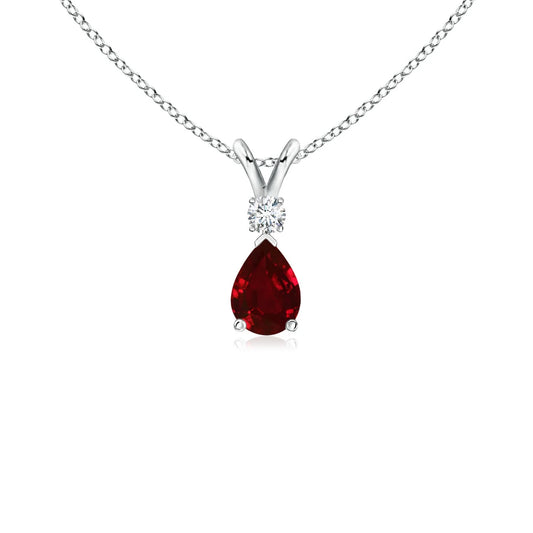 14K Gold IGI Certified Pear-Cut Natural Ruby Gemstone V-Bale Diamond Pendant Link Chain Necklace Party Wear Unisex Gold Pendant