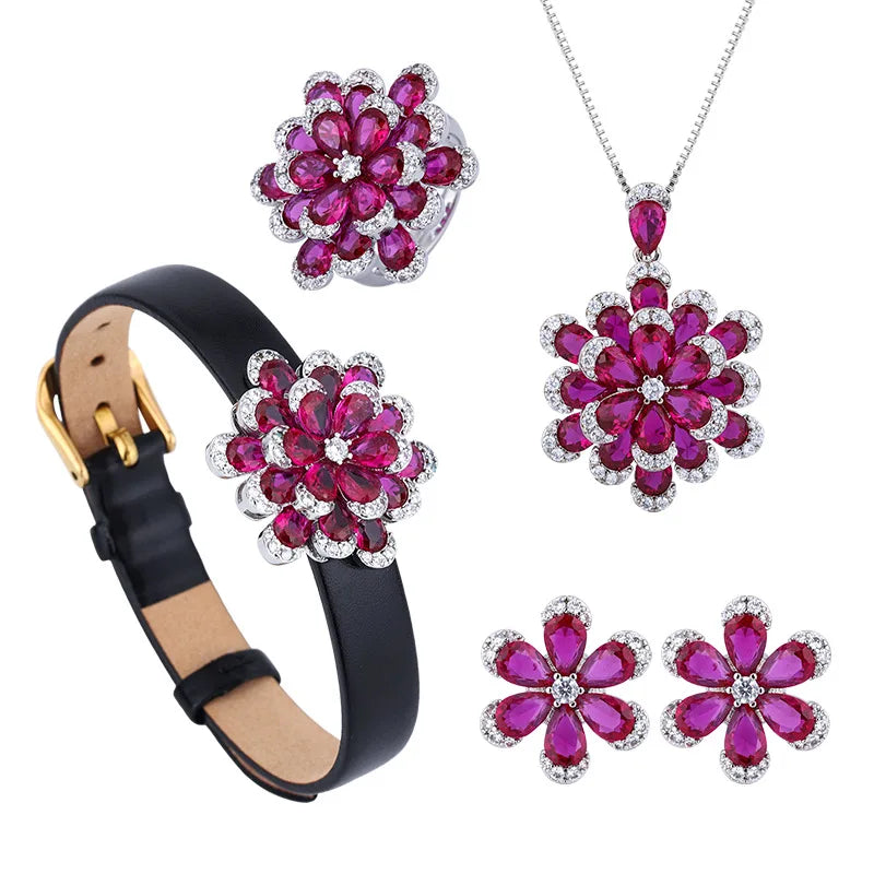 Gemfiori New Luxury Double Layer Flower Design Jewelry Set Pink Ruby Lab Diamond Pendant Necklace Earrings Ring Leather Bracelet 4 Pieces