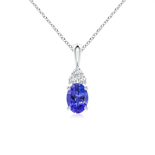 IGI Certified Prong Sett Oval Cut Tanzanite Gemstone Solitaire Pendant With Trio Diamond 14k Pure Gold Pendant Chain Necklace