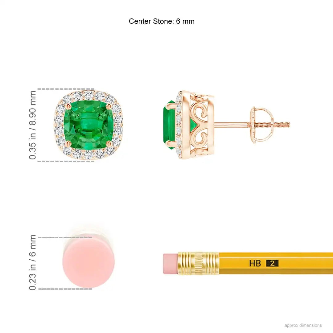 Emerald Diamond Halo Stud Earrings in 14K Rose Gold, Cushion Cut Green Gemstone Fine Jewelry Gift for Fiance