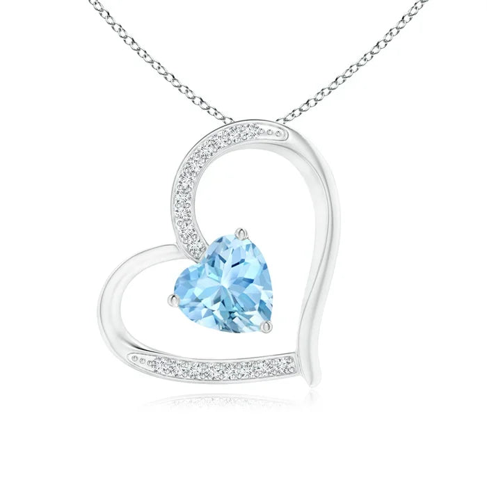 Beautiful Tilted Heart Shape Aquamarine With Diamond Pendant With 14k Gold Valentine Gift Heart Pendant Fine Jewelry For Women