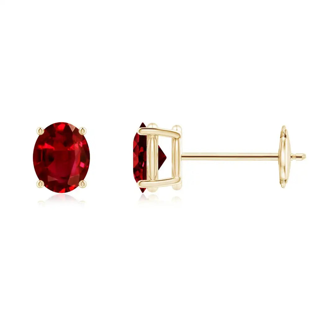 Natural Ruby Stud Earrings Oval Cut 14K Yellow Gold Solitaire Earrings July Birthstone Fine Jewelry Gift for Women