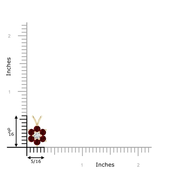 18K Pure Gold Classic 2.5MM 0.38Ct Round Cut Six Red Ruby Petal Shape Flower Design V Bale Pendant With 0.11Ct Natural Diamond