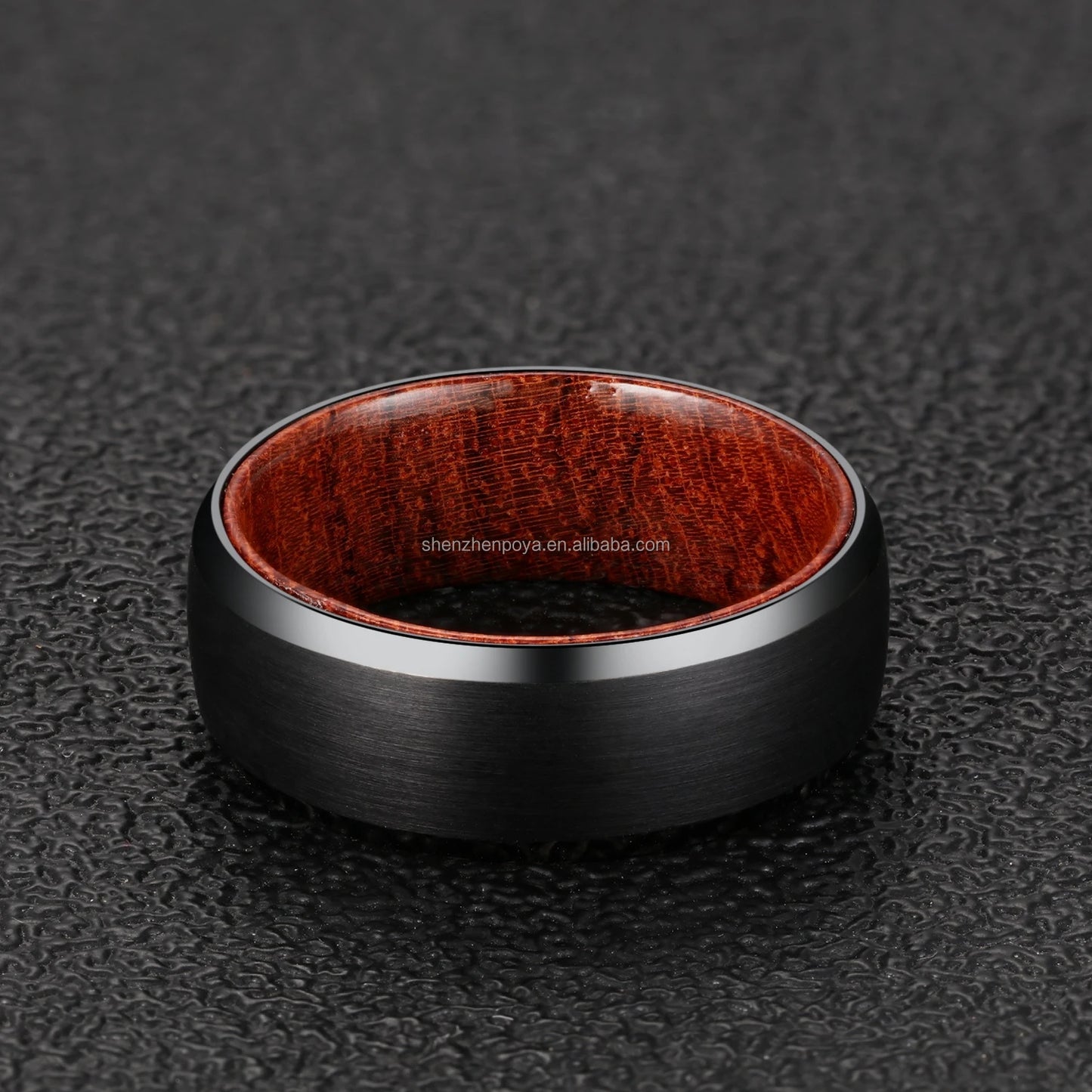 POYA 8mm Silver Black Tungsten Rose Wood Inlay Simple Mens Wedding Band Bevelved Edge Matte Finished