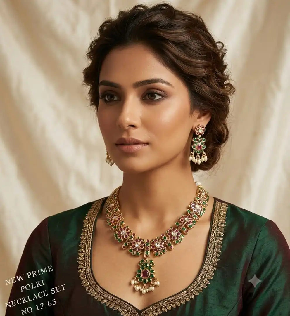 Luxury Polki Necklace Set Gold Plated Bridal Jewelry  Stone Wedding Necklace Earrings Pearl Drop Premium Collection