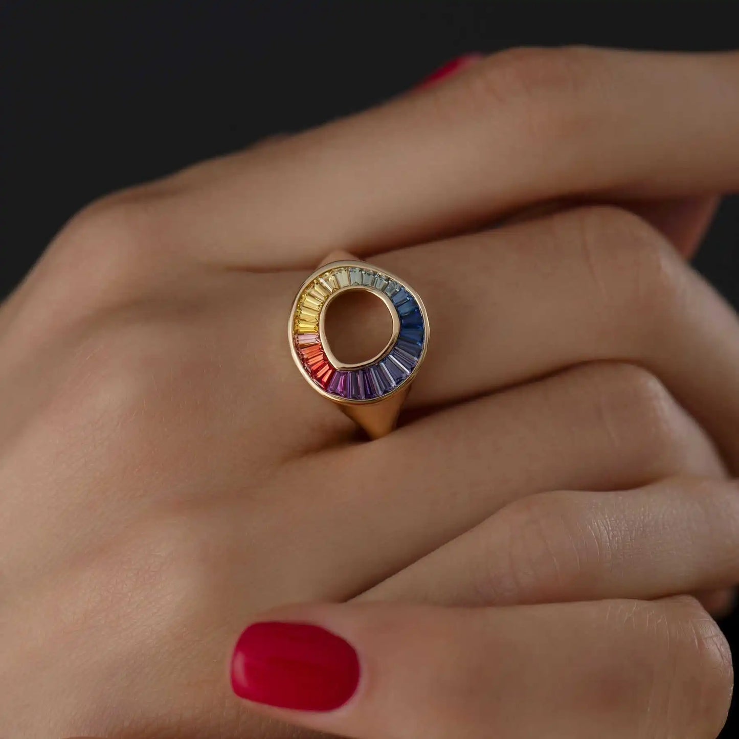 14K Solid Gold Natural Multi Color Rainbow Sapphire Baguette Sphere Ring 2.5mm Band Width 1 Carat Rainbow Sapphire Sphere Rings