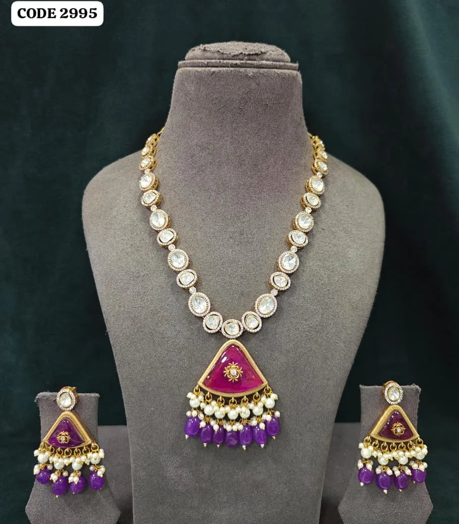 Luxury Purple Kundan Long Pendant Necklace Set with American Diamond Pearl Gold Plated Bridal Wedding Party Wear Jewelry Set