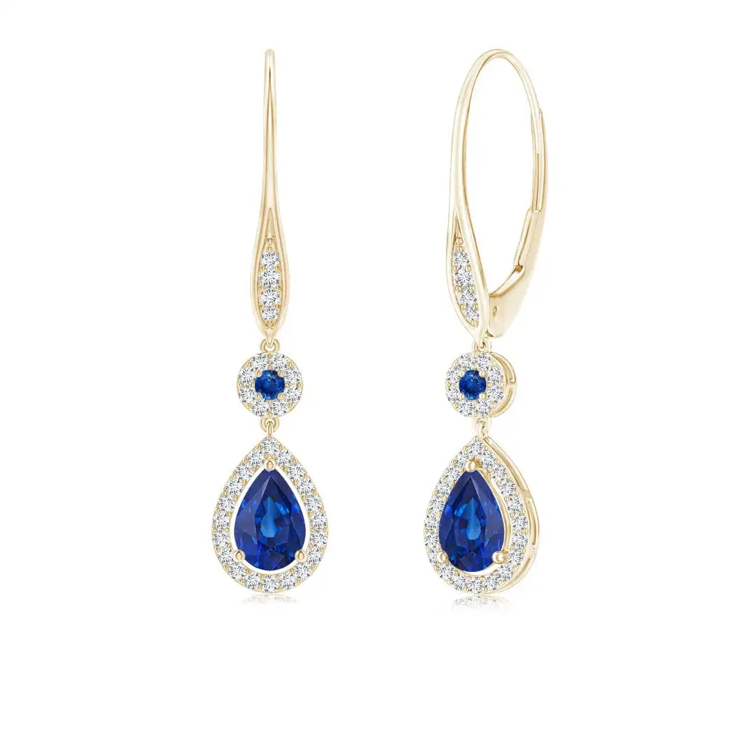 Blue Sapphire Pear and Round Halo Dangle Earrings With Real Diamond 14kt White Gold Women's Engagement Jewelry