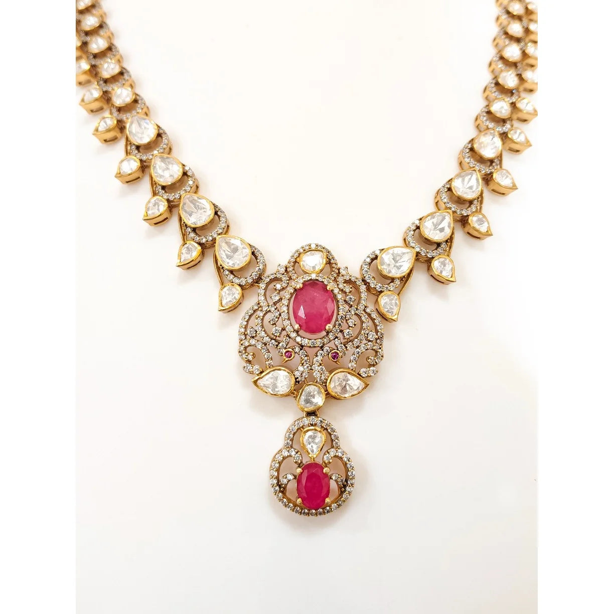 925 Silver Victorian Polki CZ Ruby Floral Pendant Necklace Earring Set Indian Bridal Handmade Antique Gold Plated Ethnic