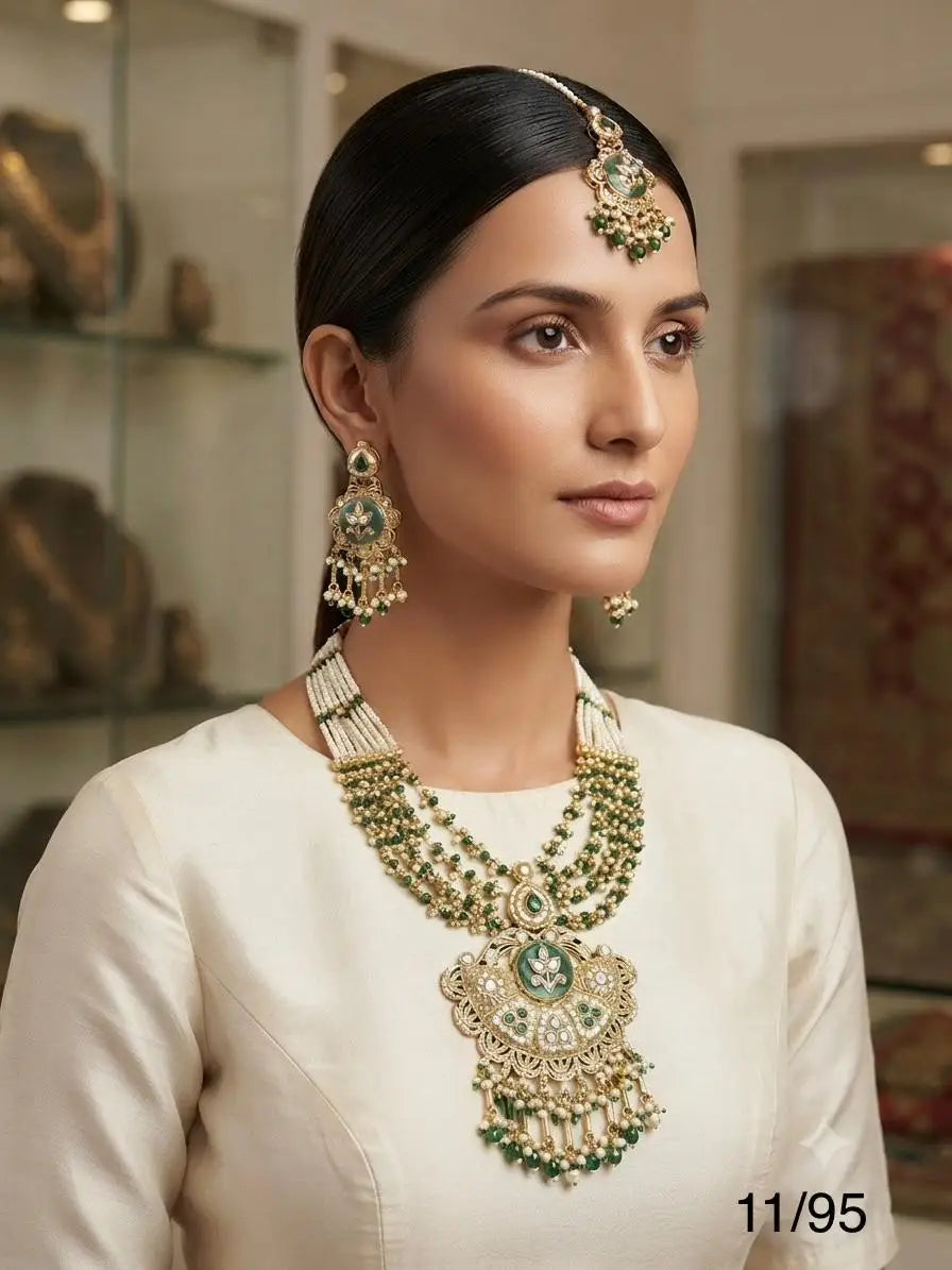 Luxury Kundan Meenakari Bridal Necklace Set with Pearl Beads, Green Stones, Matching Earrings & Maang Tikka Gold Plated Set