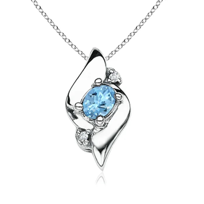 14K Solid Gold Shell Style Oval Cut Natural Aquamarine & Diamond Pendant Top Quality Prong Set Fine Jewelry Pendant Necklace OEM