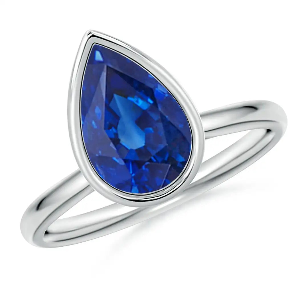 Bezel-Set Pear Blue Sapphire Solitaire Engagement Ring Handmade Customized Fine Jewelry Wedding 14K Solid Gold