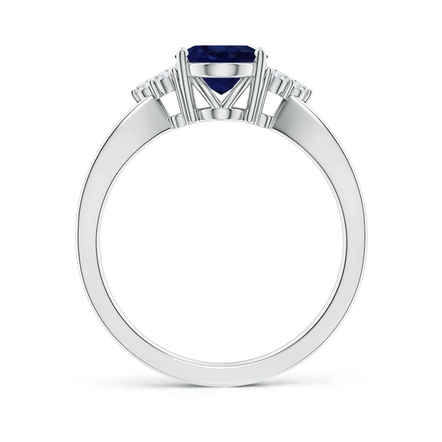 Natural Three Side Diamond With Center Blue Sapphire Gemstone Engagement Solitaire Ring 14K Solid Gold Split Shank Unisex Ring