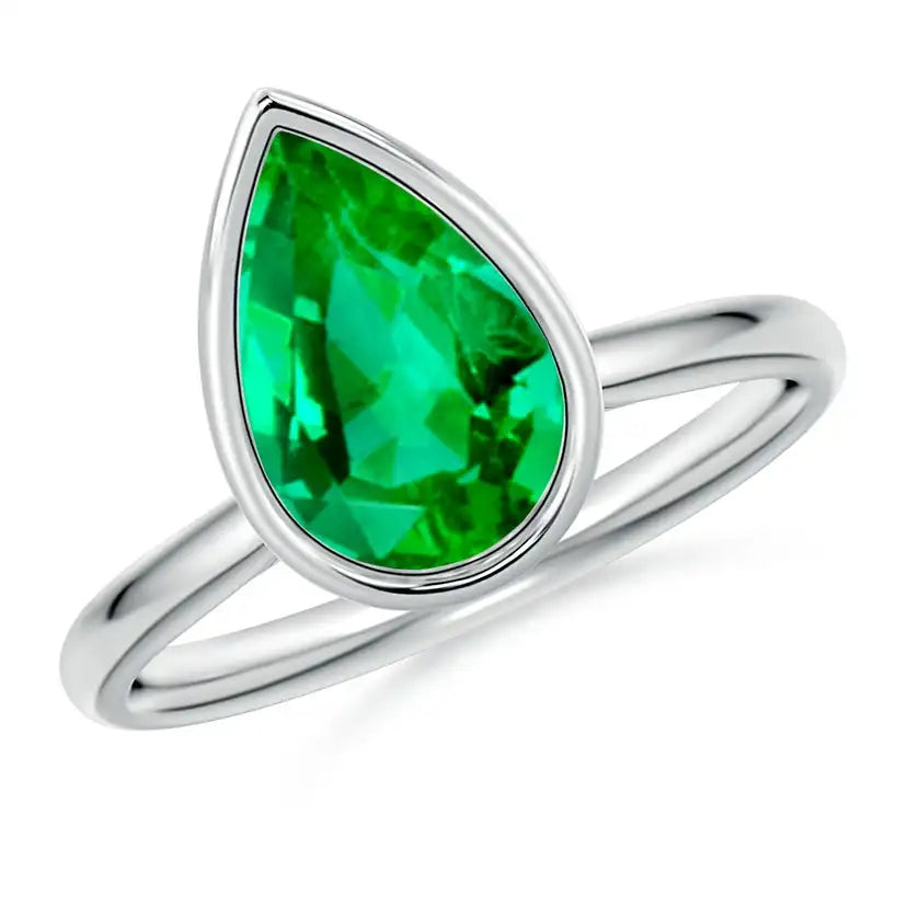 14K Solid Gold Bezel-Set Pear Emerald Solitaire Engagement Ring Handmade Customized Fine Jewelry Wedding