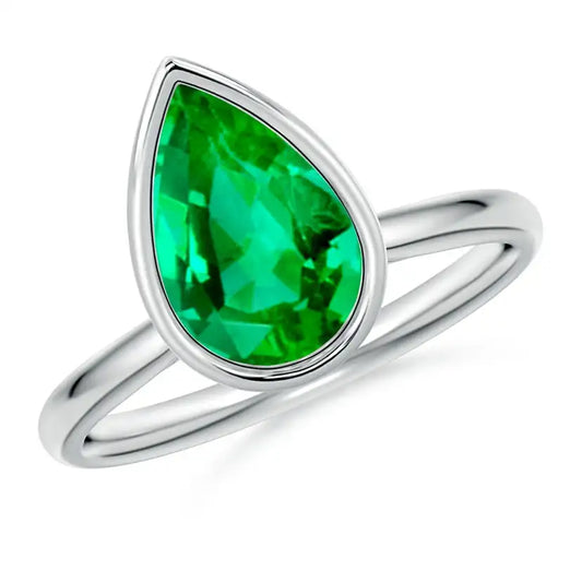 14K Solid Gold Bezel-Set Pear Emerald Solitaire Engagement Ring Handmade Customized Fine Jewelry Wedding