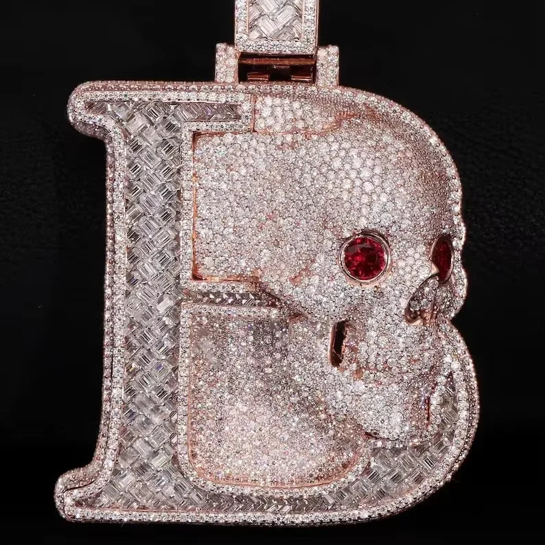 BiG-BOSS Iced Out Letter B Skull Pendant Sterling Silver Moissanite Custom Red Eye Design Luxury Hip Hop Statement Jewelry for Men Party