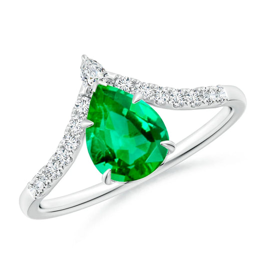 14K Solid Gold Pear Cut Natural Green Emerald & Diamond Chevron Band Engagement Ring Fine Jewelry Luxury Bridal Handmade Ring