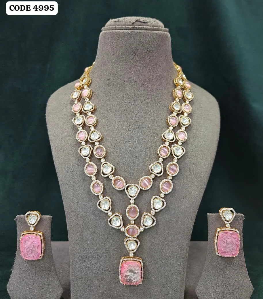 Gold Plated Ruby Pink Zircon Double Layer Necklace Set with Matching Earrings for Wedding Women's Jewelry Set For Women