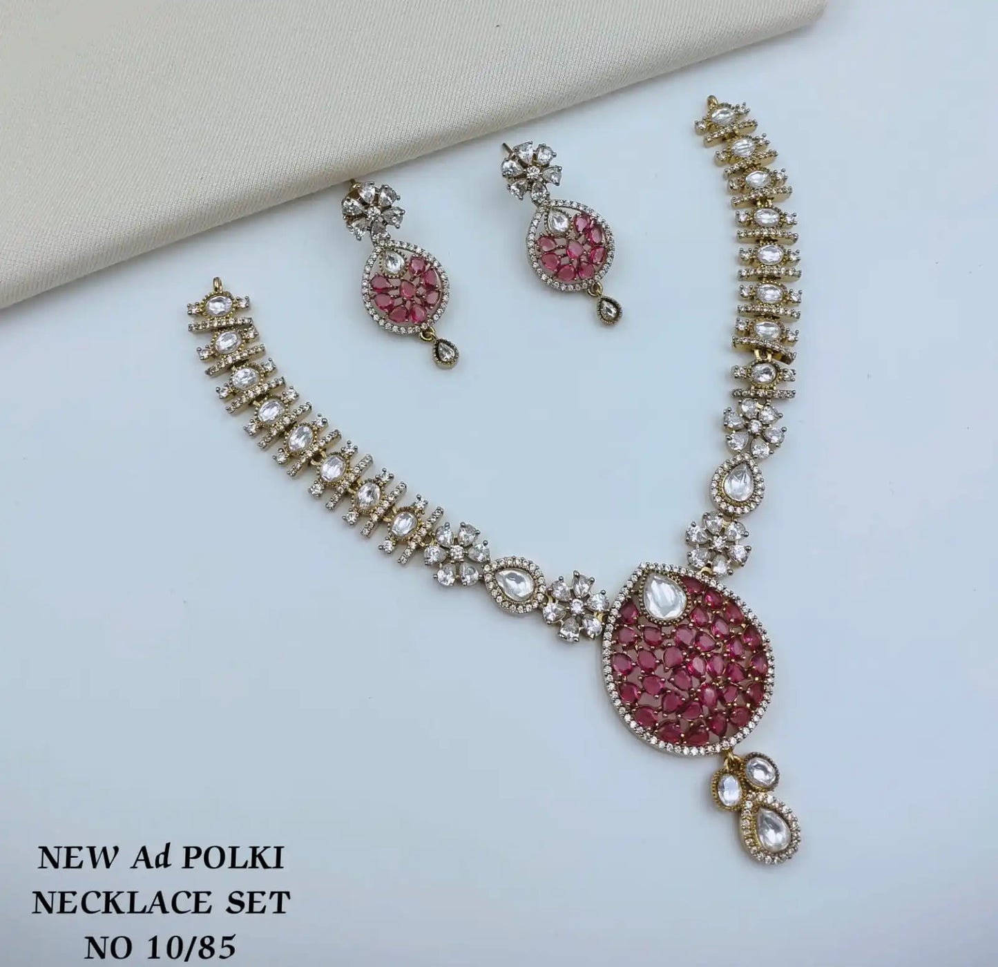 Traditional Designer Gold Plated Pink Polki Necklace Set with Earrings Bridal Wedding Party Wear Fashion Jewelry Set for Women