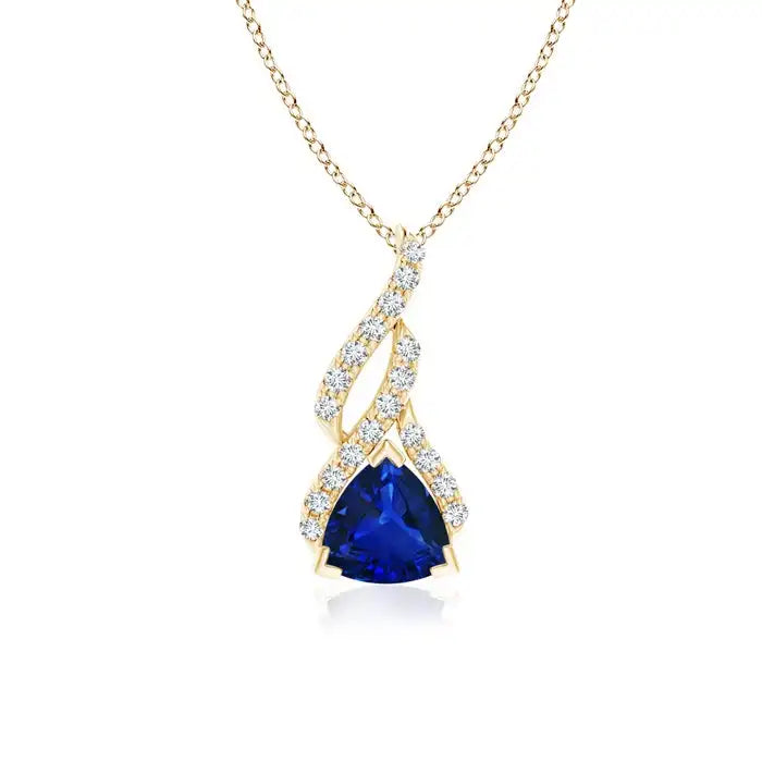 High Quality Trillion Cut Natural Blue Sapphire Solitaire Pendant With Diamond Swirl Design Bale 14K Solid Gold Gemstone Pendant