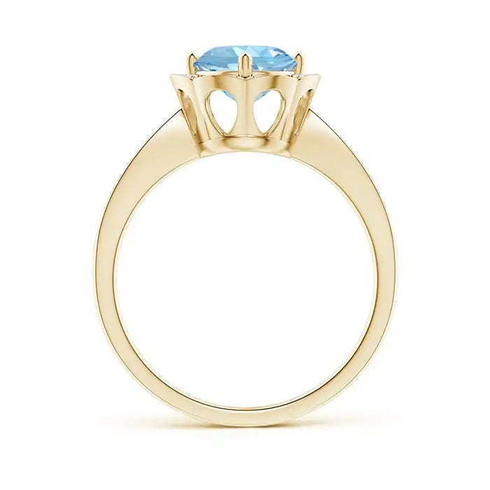 14K Solid Gold Round Floral Aquamarine Ring with Diamond Accents Handmade Customized Fine Jewelry Wedding Engagement