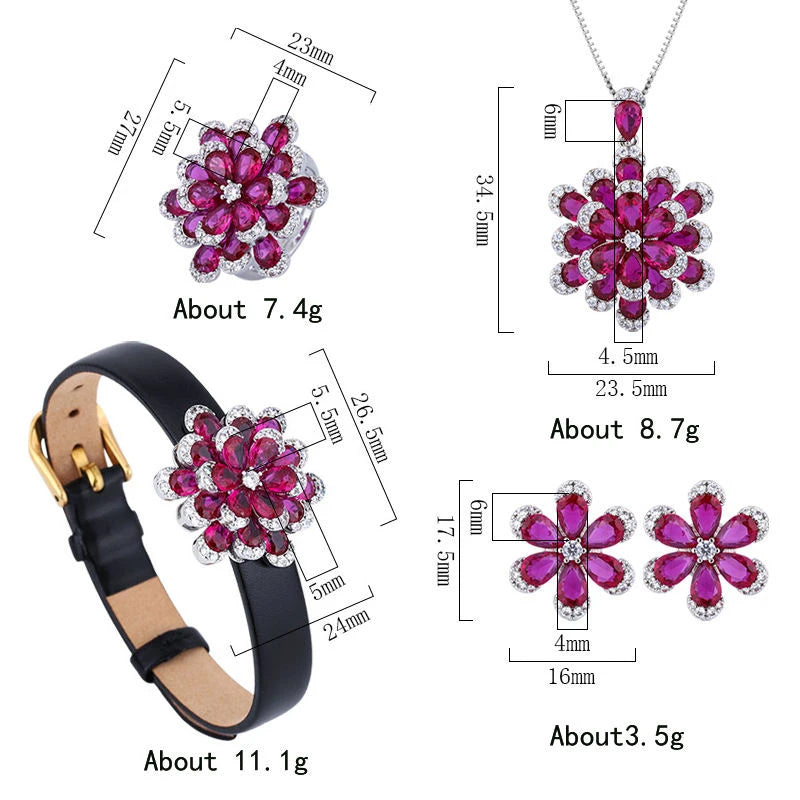 Gemfiori New Luxury Double Layer Flower Design Jewelry Set Pink Ruby Lab Diamond Pendant Necklace Earrings Ring Leather Bracelet 4 Pieces