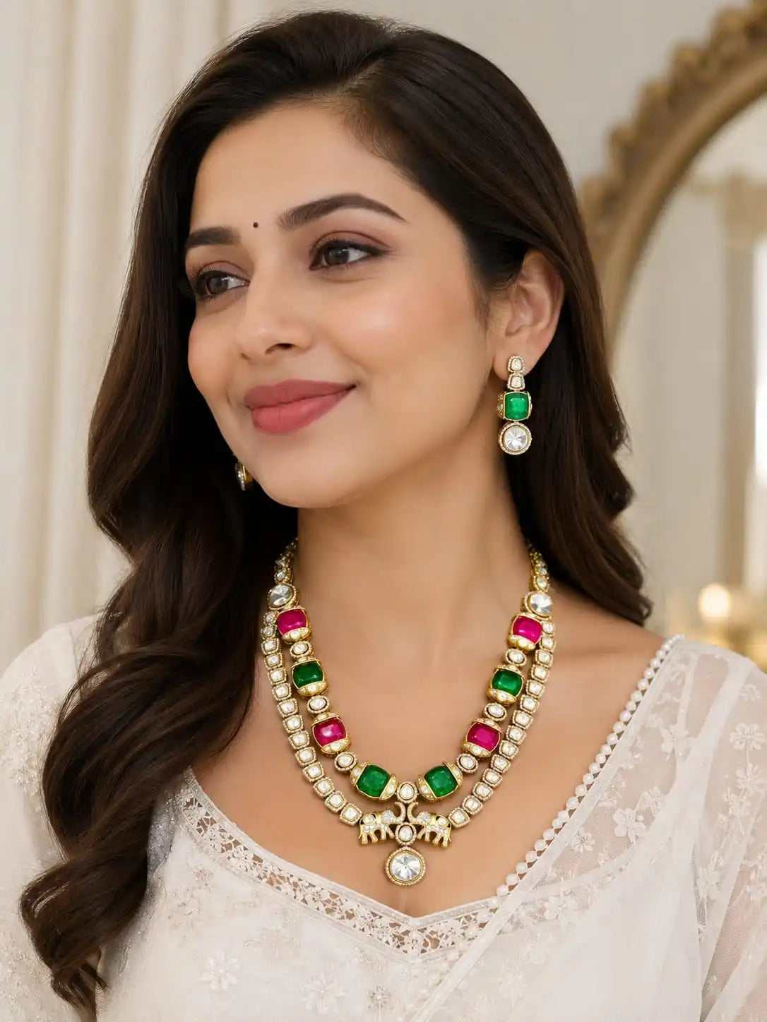 Premium Designer Green Pink Kundan Necklace Set Gold Plated Elephant Pendant Bridal Wedding Party Wear Jewelry Wholesale India