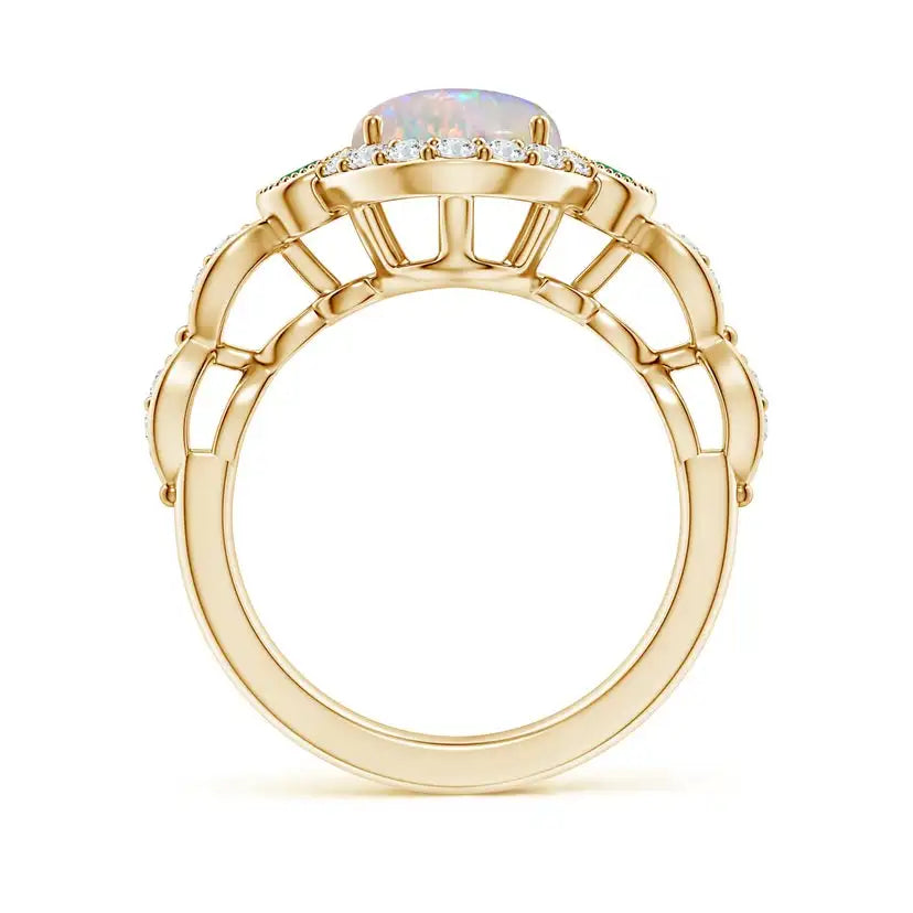 14K Solid Gold Vintage Oval Opal and Diamond Halo Ring with Bezel Emerald Handmade Customized Fine Jewelry Wedding Engagement
