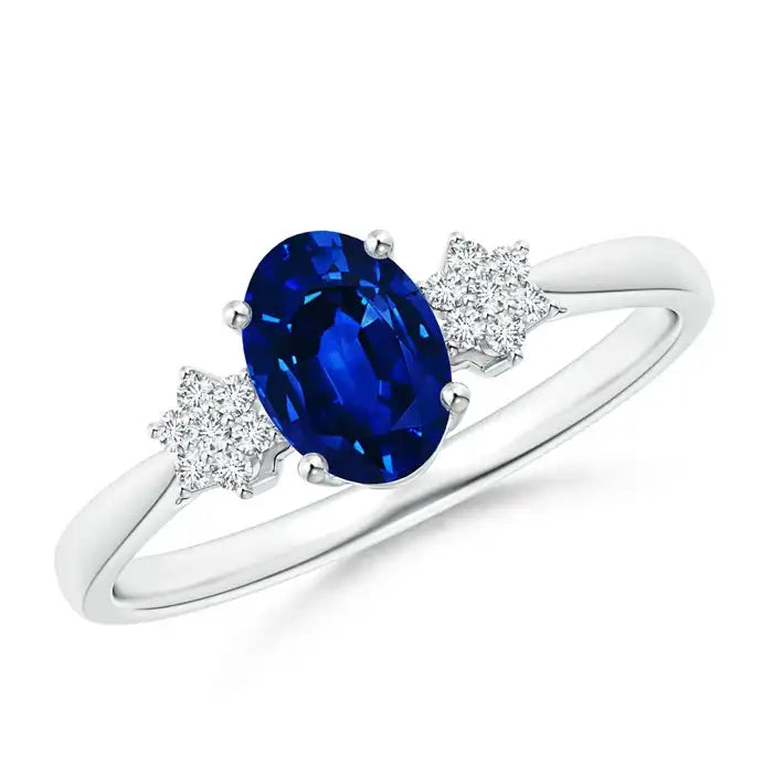 14K Solid Gold Oval Sapphire Solitaire Engagement Ring with Diamond Clustres Handmade Customized Fine Jewelry Wedding Engagement
