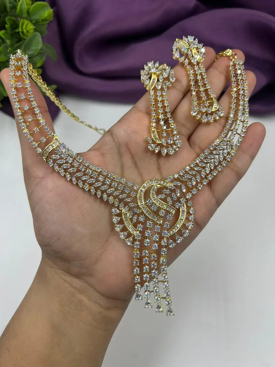 CZ diamond golden Necklace Earrings Jewelry Set for Women | Rhodium Alloy Handmade Imitation Indian Fashion Gift Anniversary Set