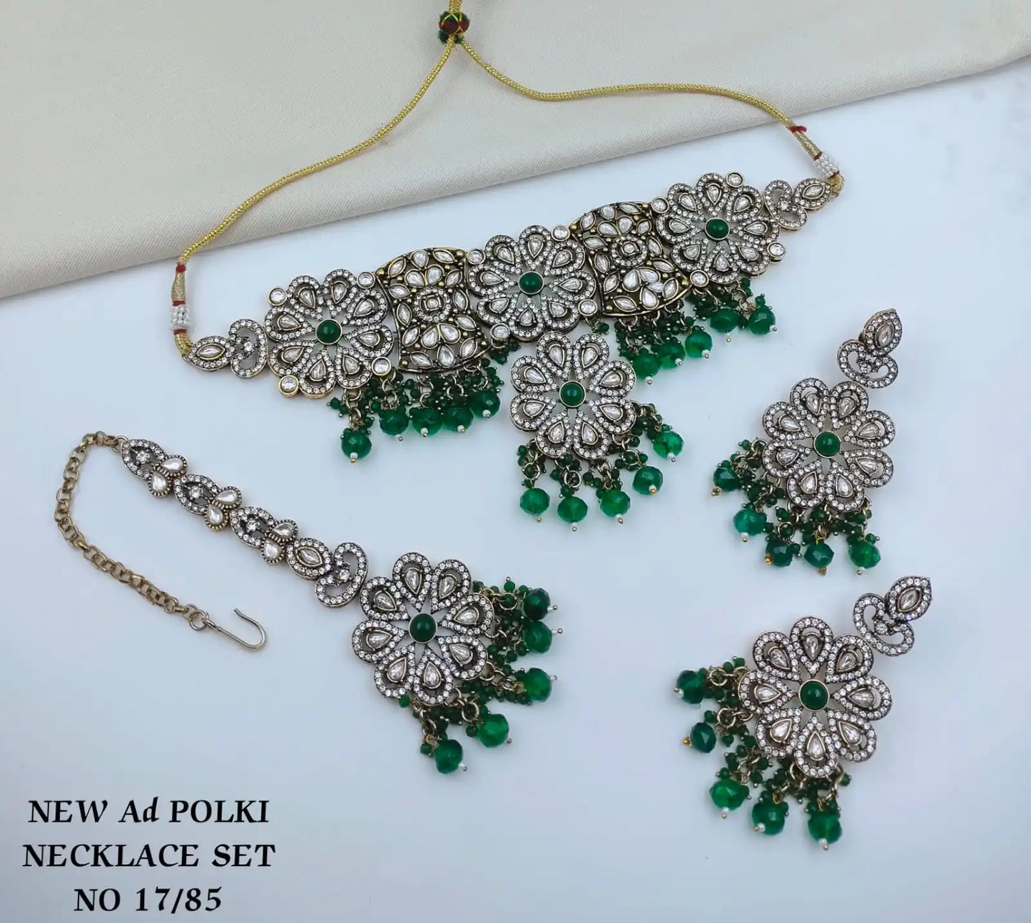 Luxury Green Floral AD Choker Necklace Set with Matching Earrings and Maang Tikka Cubic Zirconia Rhodium Plated Bridal Wedding