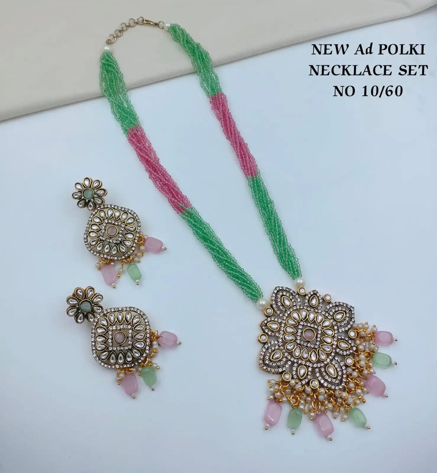 Luxury Sea Green AD Polki Pendant Necklace Set with Matching Earrings American Diamond Cubic Zirconia Antique jewellery set